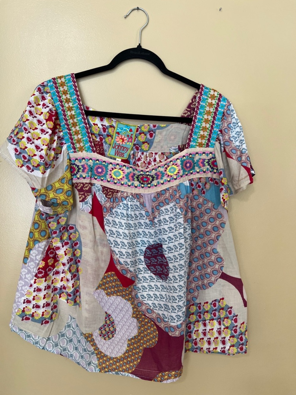 Johnny Was Multicolor Patchwork Square-Neck Tunic Top